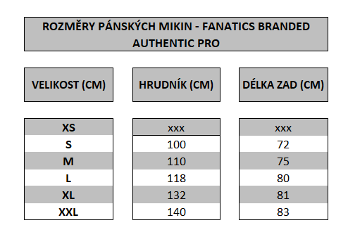 Tabulka rozměrů mikin Fanatics Branded Authentic Pro